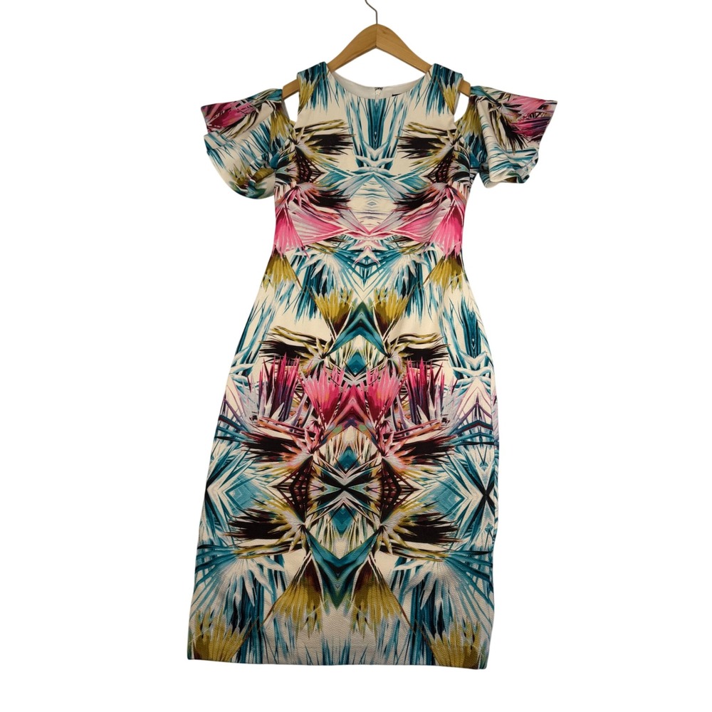 Jax Black Label Tropical Palm Cold Shoulder Sheath Dress Pink Blue Size 2